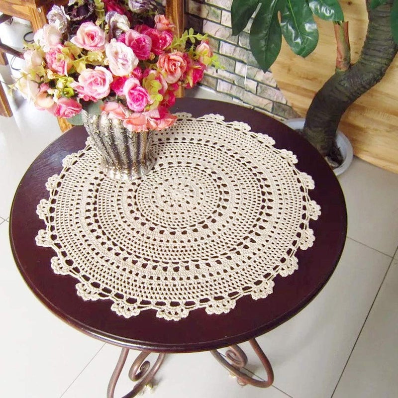 Phantomon Handmade Doilies Crochet Round Cotton Large Lace Placemats Coasters Table Covers, Pack of 4, Beige, 17 Inch - Image 4